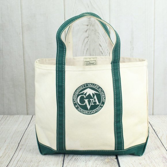 LL Bean Boat & Tote Cream Canvas Green Trim Embroidered Tote Handbag - Picture 4 of 9